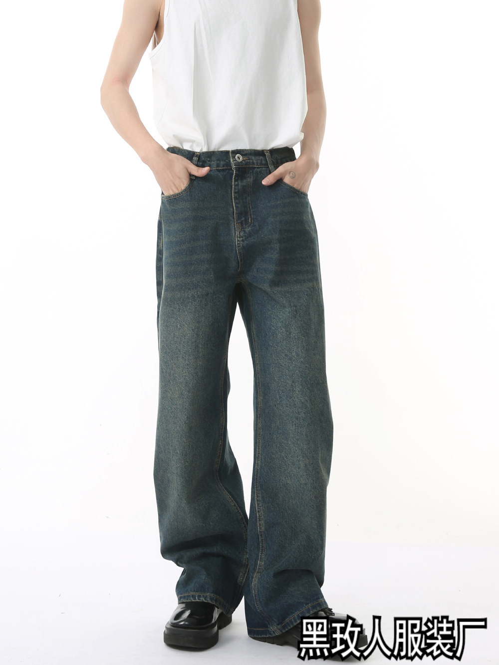 American High Street Spring and Autumn Loose Straight Blue Retro Washed Distressed Jeans for Men and Women Casual Wide-Leg Pants