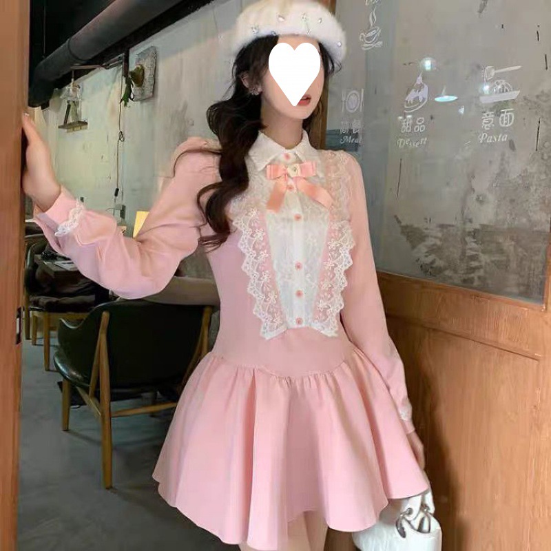 Fall/winter 2024 chubby girl French retro pure sweet pink dress women's waist puffy skirt