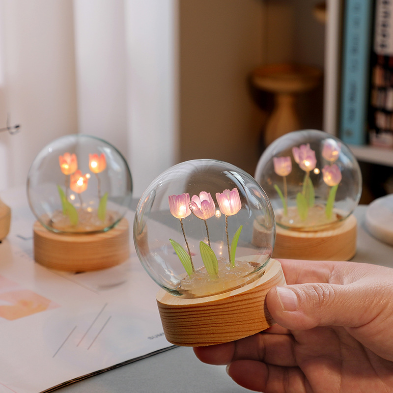 Cute Mini Tulip Night Light Desktop Ornament Handmade DIY Material Kit Bouquet Friend Mid-Autumn Festival Gift