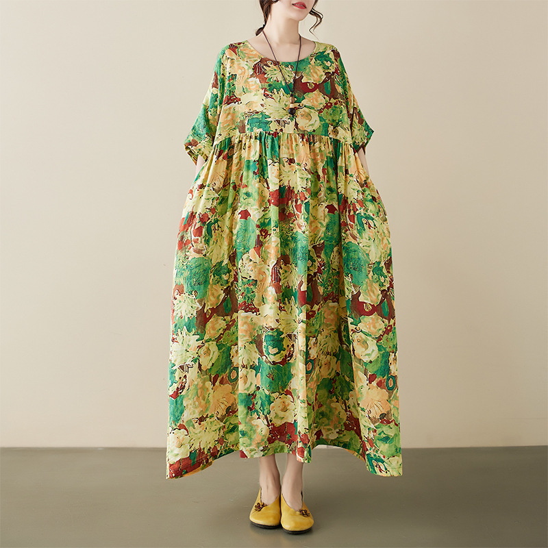Plus size summer chubby girl Mori vintage cotton and linen floral loose dress pleated lazy style elegant A- line skirt for women
