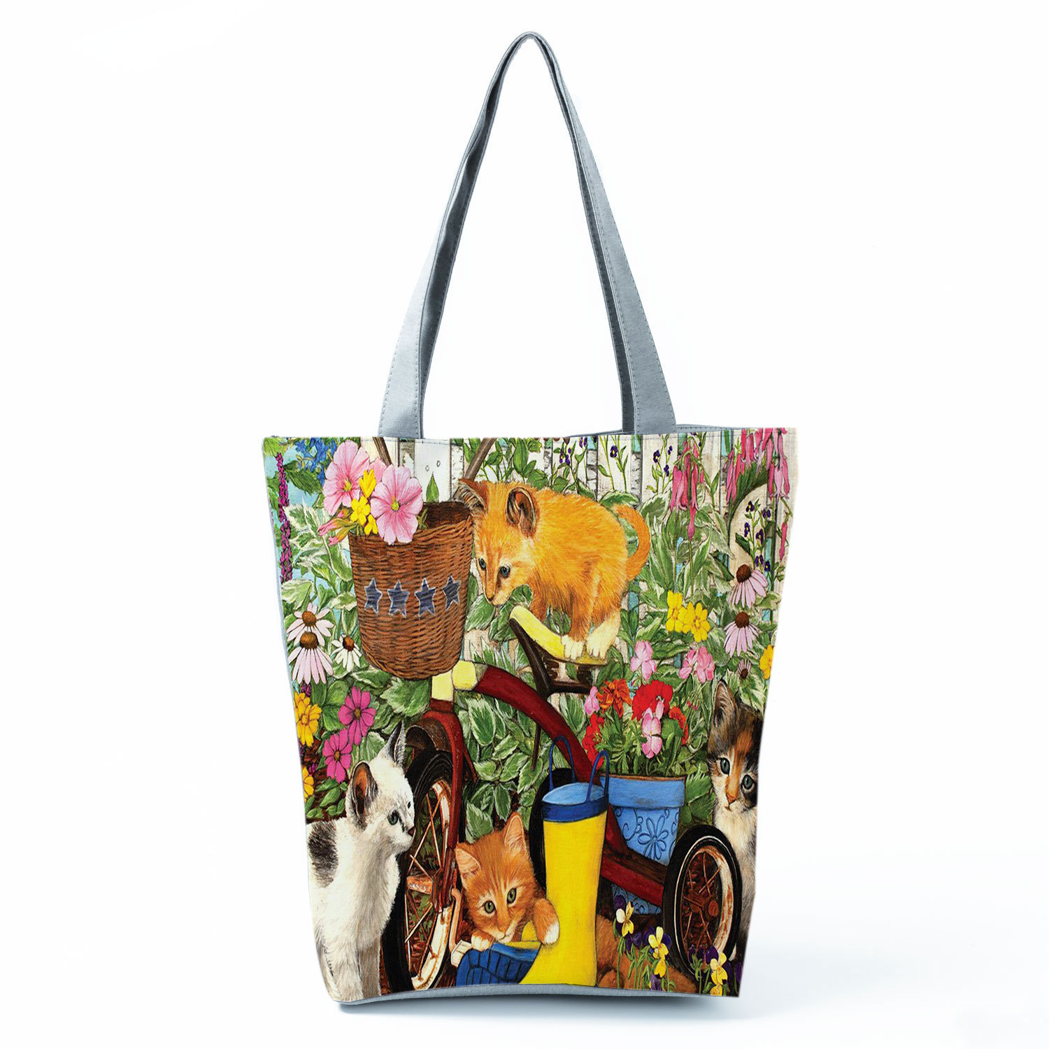Picture of New cute flower cat printed shoulder bag portable travel storage bag large capacity outdoor tote bag