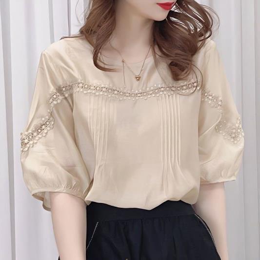 Picture of Hong Kong Style Vintage Lace Stitching Half Sleeve Chiffon Shirt Women's 2024 Summer New French Loose Slim Look Trendy Top