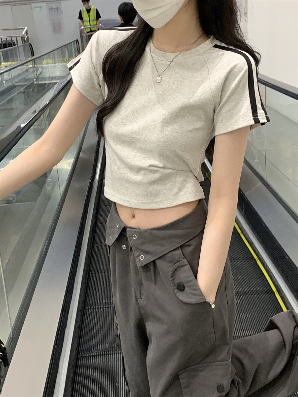 American 2025 Summer New Korean Style Round Neck Slim Raglan Strip Slim Versatile Short-Sleeved T-Shirt Women's Top