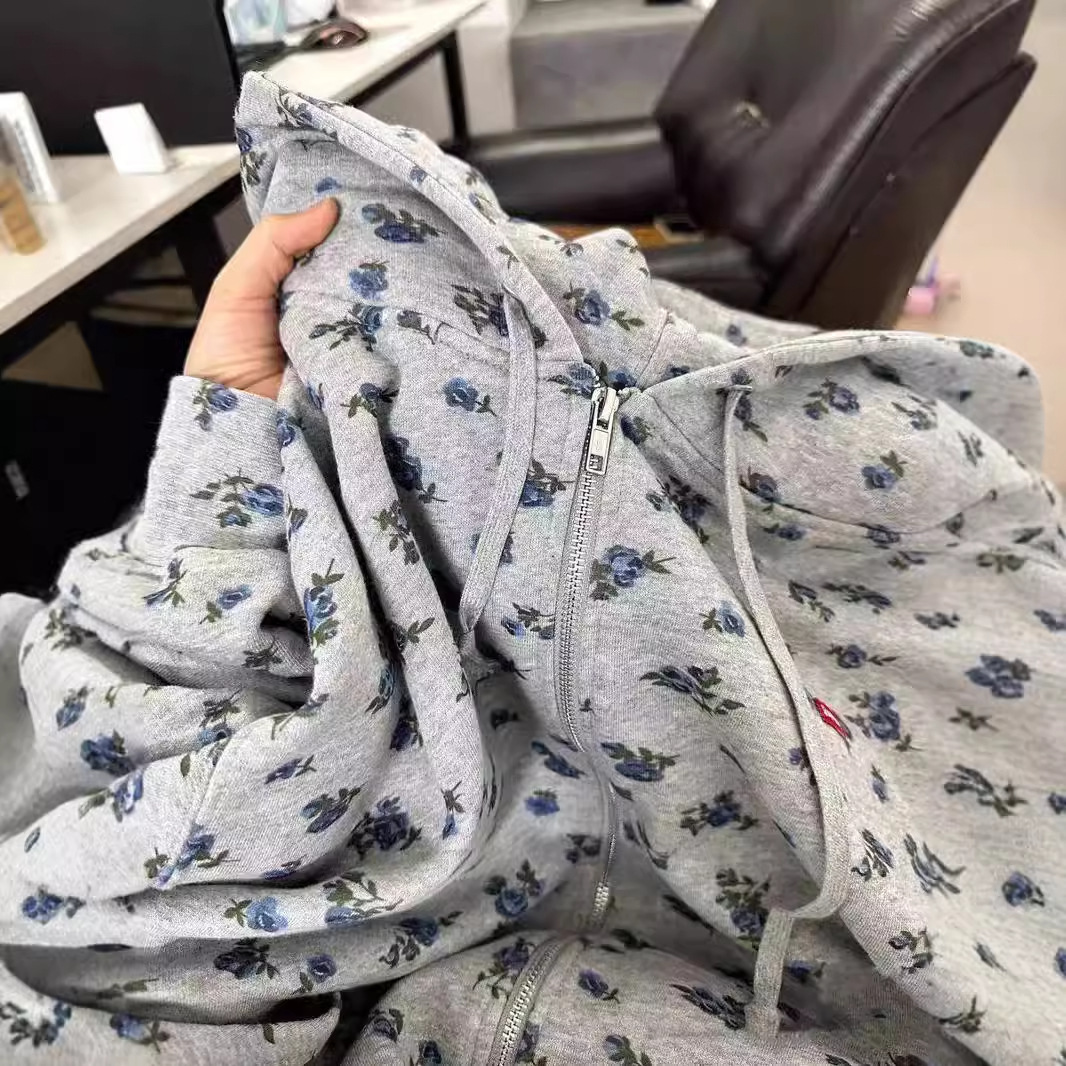 Picture of American-style Floral Print Hooded Sweater Women's Spring Autumn and Winter Thickened Loose Lazy Style oversize Cardigan Coat Trendy