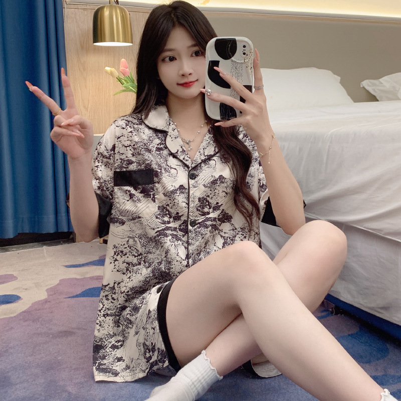 Picture of Cross-border summer high-grade ice silk short-sleeved women's pajamas national style ink painting leisure home clothes two-piece wholesale