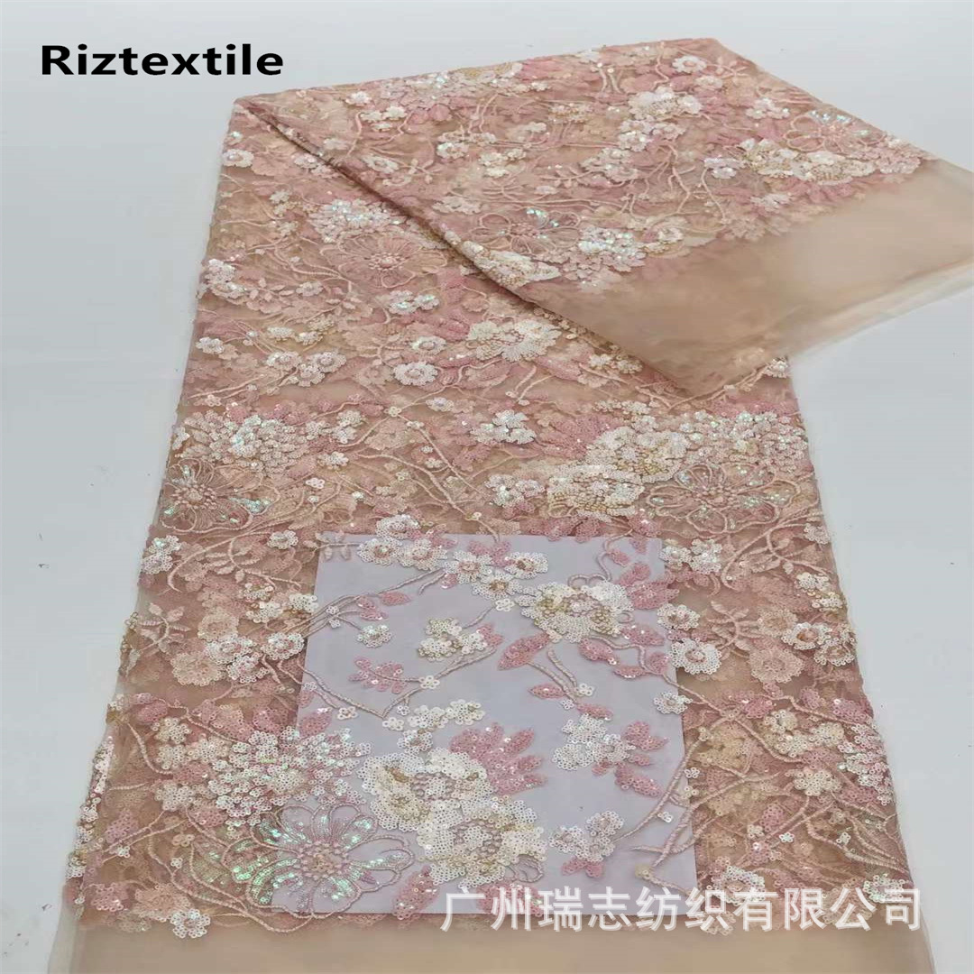 Pink Sequins Embroidered Plant Flower Lace Fabric Bride Toast Dress Cheongsam Candy Color Children's Dress Embroidered Cloth