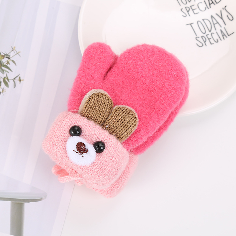 Picture of 0-3 years old cute ears bear cartoon children's gloves winter knitted wool double plus velvet padded warm