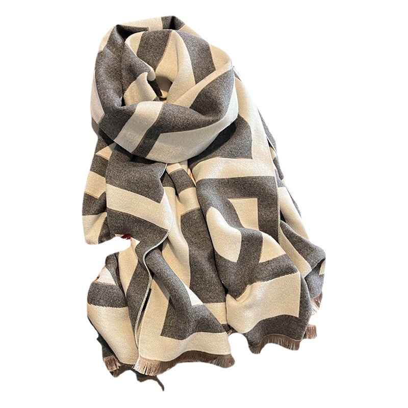 Color matching H letter autumn and winter new warm scarf women's cashmere double-sided padded warm scarf extended large shawl