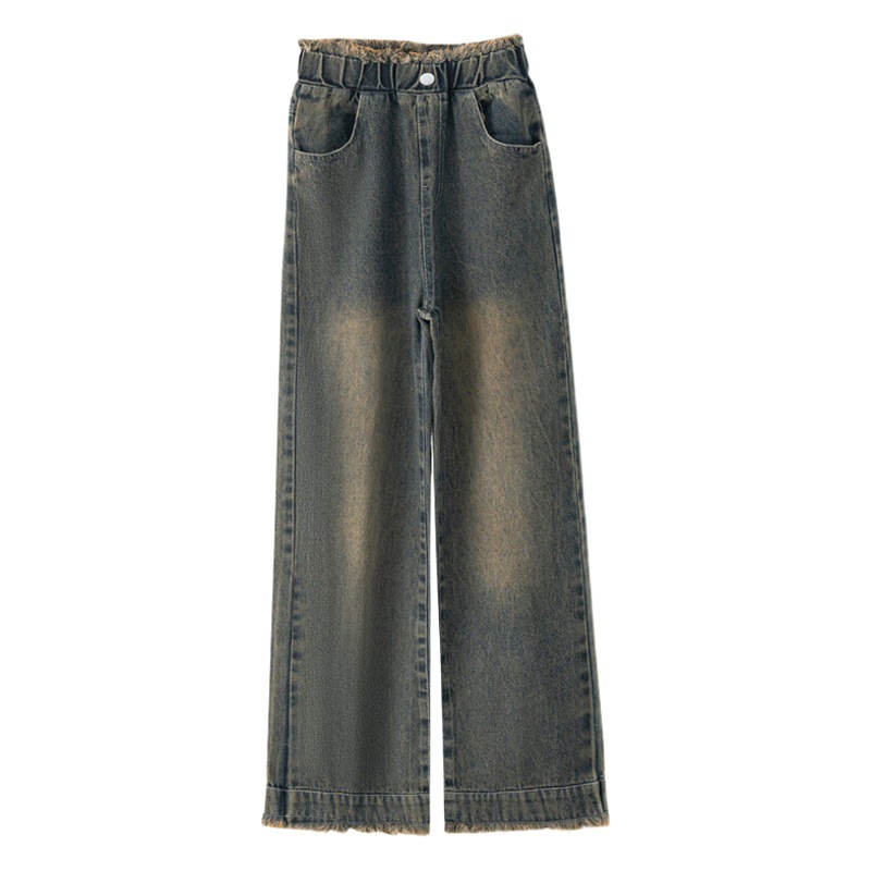 Girls' retro Denim frayed wide-leg pants Autumn 2023 new children's casual western style loose straight pants fashion