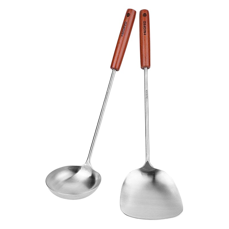 Household wooden handle spatula 304 stainless steel kitchenware cooking spoon shovel set soup spoon Kitchen Stir-fry shovel