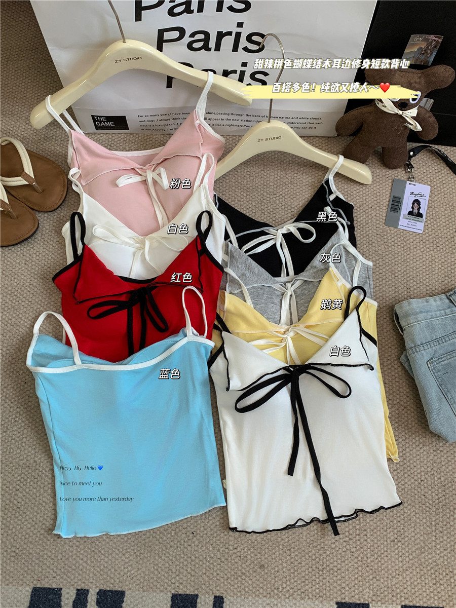 Pure Spice Girl Bow Camisole Contrasting Color Lapel with Chest Pad Sleeveless Top 2024 Summer New Women's Clothing
