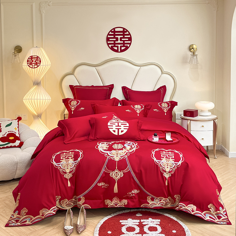 Picture of High-end European-style Wedding Four-piece Cotton Big Red Embroidered Sanding Quilt Cover Wedding Bedding Accompanying Wedding Room