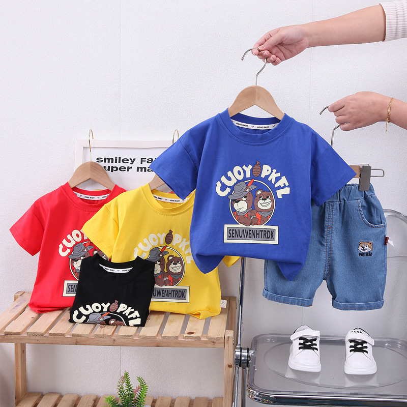 Boys and girls short sleeve suit summer new baby two bear short sleeve casual shorts two-piece suit tide wholesale