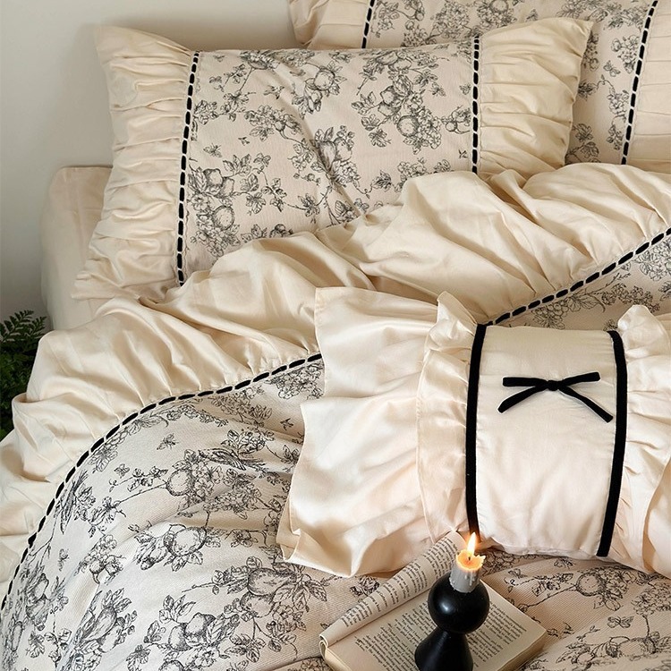 Hengqia Home Textiles Autumn and Winter Cotton Brushed Sheets Four-Piece Set French Pleated Edge Thickened Cotton Quilt Cover Bedding