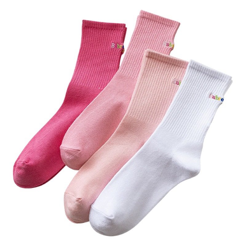Mid-Socks Women's South Korea Embroidered Letters Ins Fashionable Season Sports Cotton White Fall/Winter Student Pink Pile College Socks