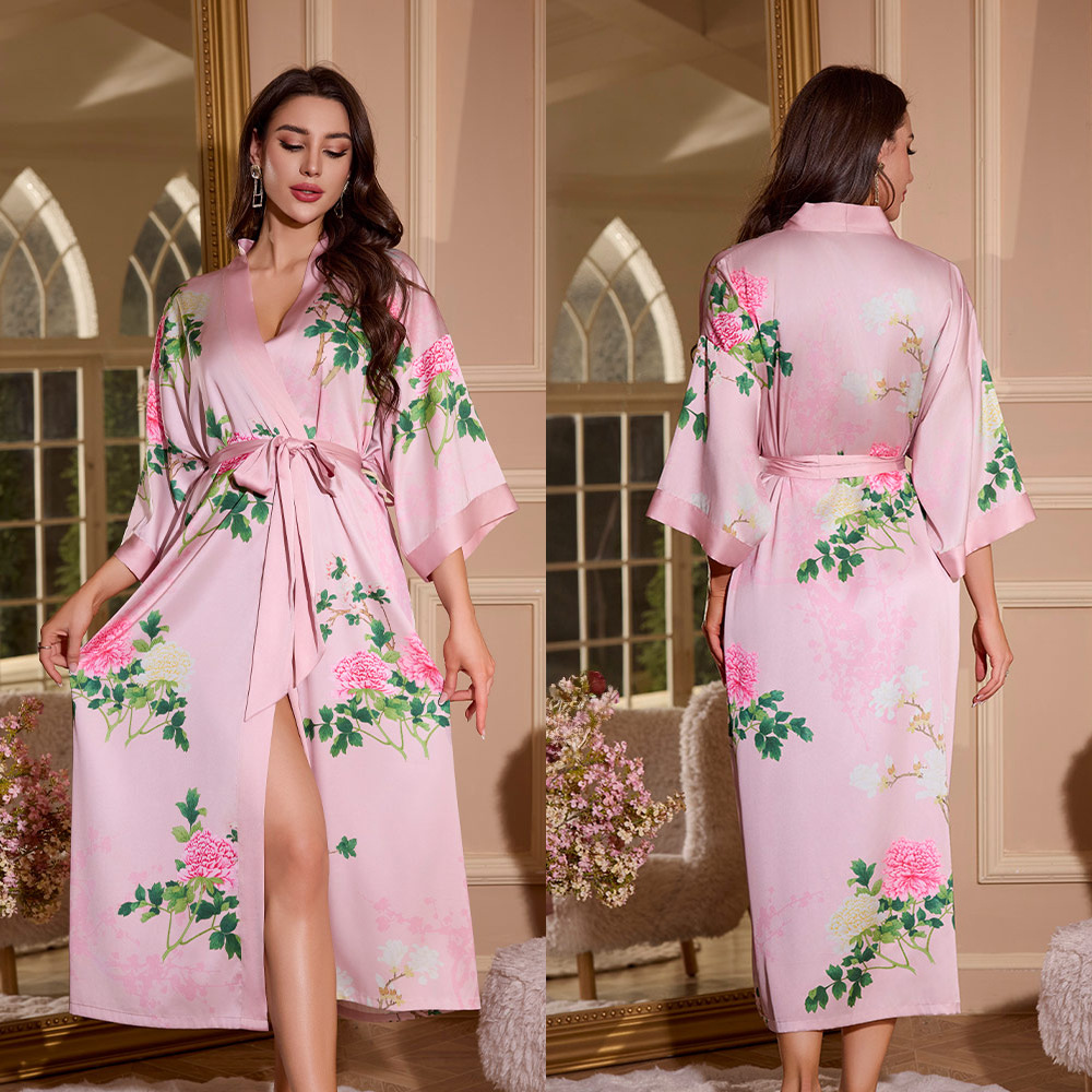 Picture of Yaoting Satin Printed Pajamas for Women Summer Large Size Accessible Luxury Three-Quarter Sleeves Cool Long Nightgown Home Wear Women Wp2669