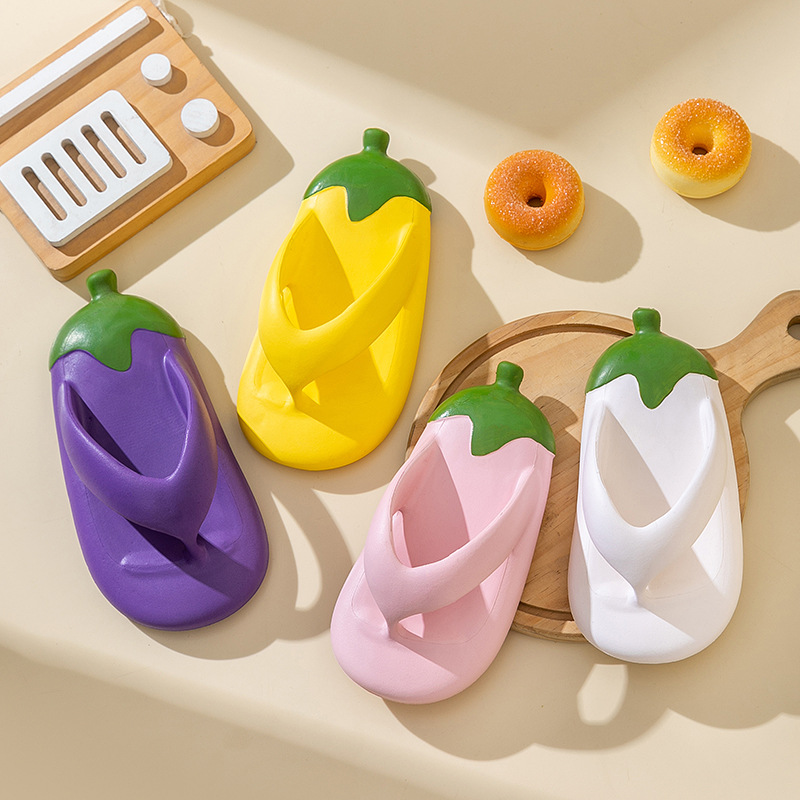 Eggplant Slippers for Men and Women in Summer Cartoon Indoor Home Non-Slip Bath Flip-Flops Room Thick-Soled Slippers for Girls with Poop Feeling