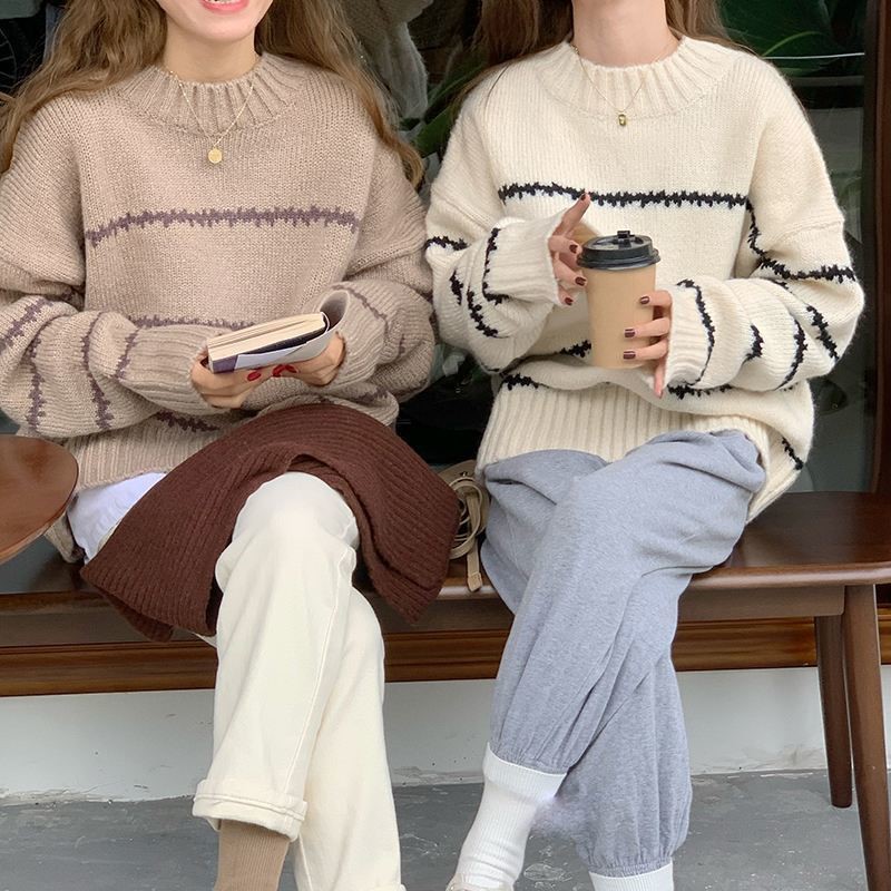 Picture of Retro Japanese style lazy loose sweater women's thickened autumn and winter 2024 new long sleeve striped half turtleneck sweater