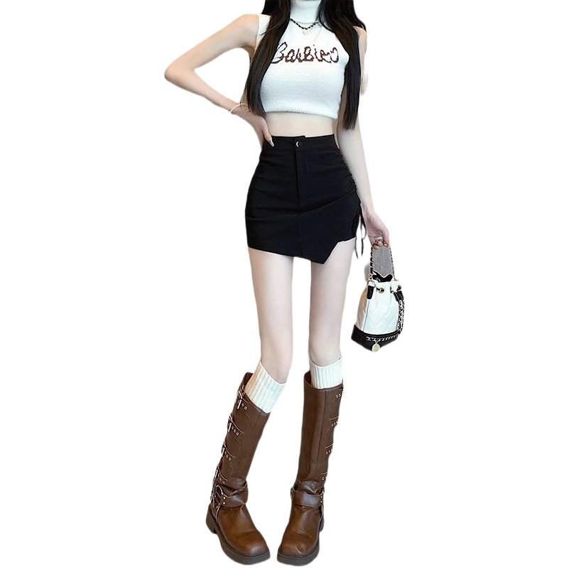 Irregular Drawstring Black Skirt Women's Summer Hot Girl High Waist A- Line Suit Skirt Elegant Slim-fit Hip Skirt