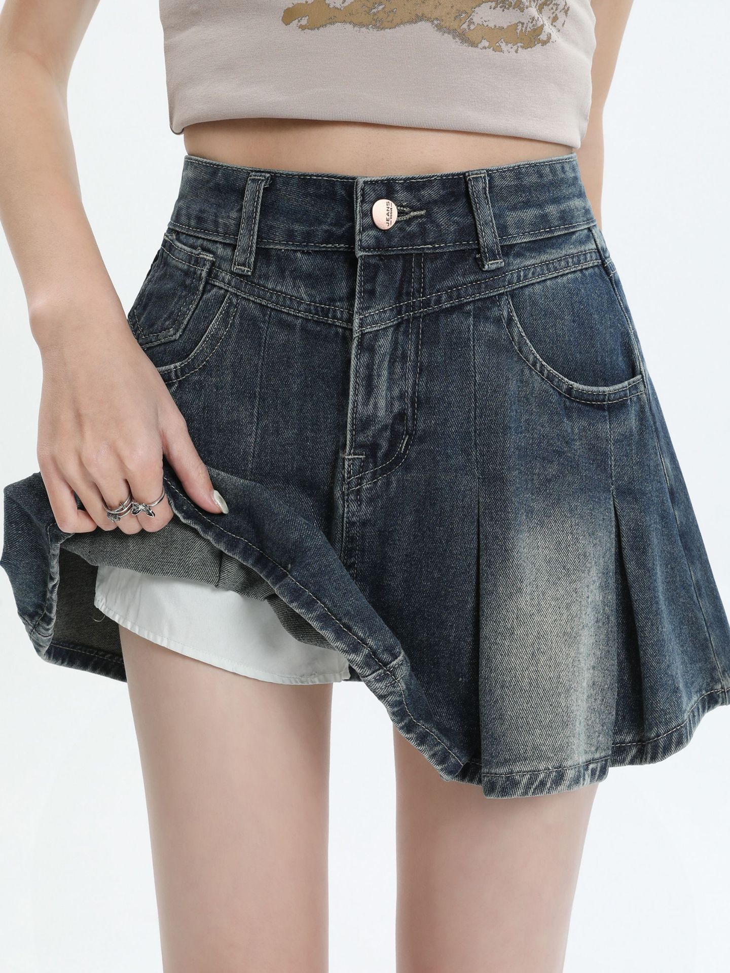 American Style Retro Denim Skirt Women's Summer 2024 New High Waist Pleated Skirt Small Body-Slimming A- Line Skirt