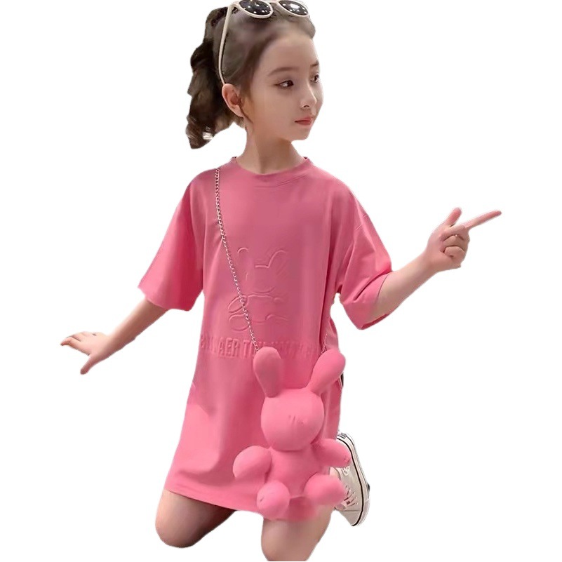 Children's Clothing Girls' Dress Toddler Bear Mid-Length T-Shirt Top Kids Short-Sleeve T-Shirt Dress Cute Bear