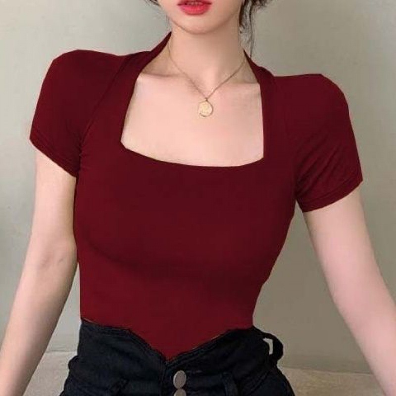 Picture of Klein Blue Square Collar Short-sleeved T-shirt Women's Summer Tight Big Neck Collarbone French Style Retro Sexy Half-sleeved Top