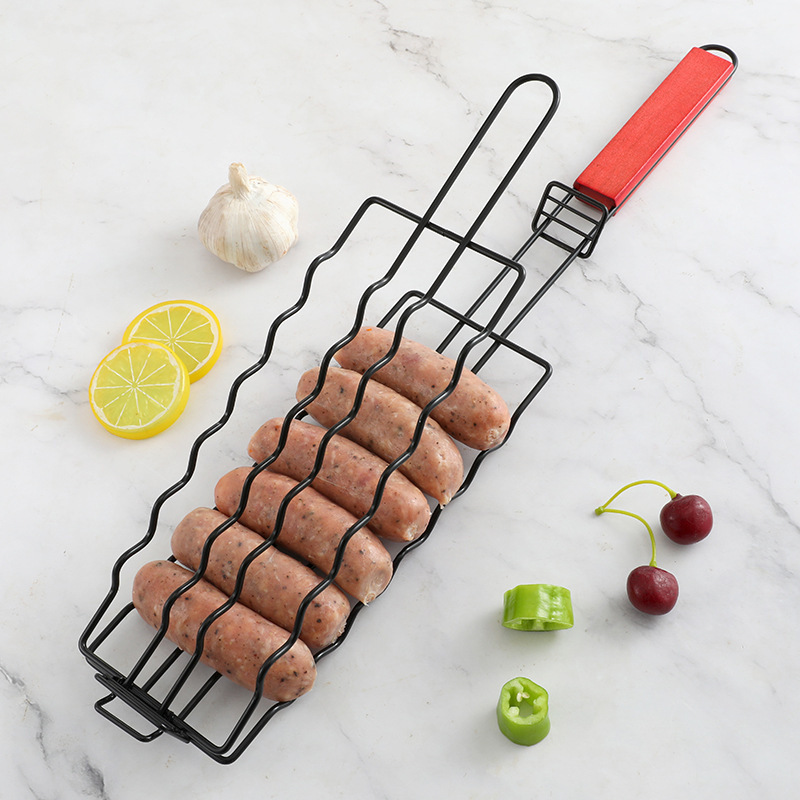 There Are Fcm Certified Cross-Border Black Iron Barbecue Basket Ham Sausage Barbecue Net Hot Dog Clip Camping Barbecue Tool