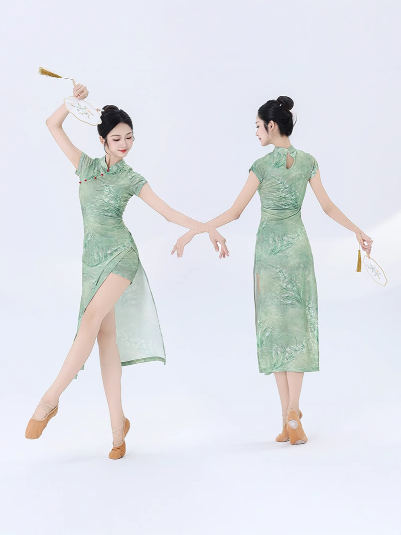 Art Test High Stretch Dance Practice Clothes Classical Dance Chinese Dance Green Fresh Stretch Double Split Dance Clothes Cheongsam
