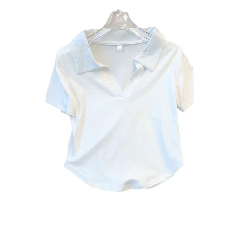 POLO collar summer new short shoulder irregular hem design niche ice silk thread short sleeve t-shirt women