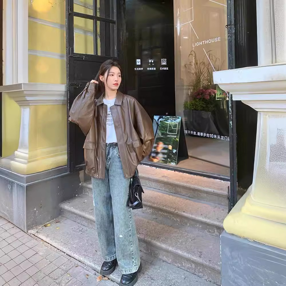 Picture of Brown Imitation Leather Jacket Women's Hong Kong Style 2024 New Autumn Loose American Style Retro Motorcycle Jacket Top
