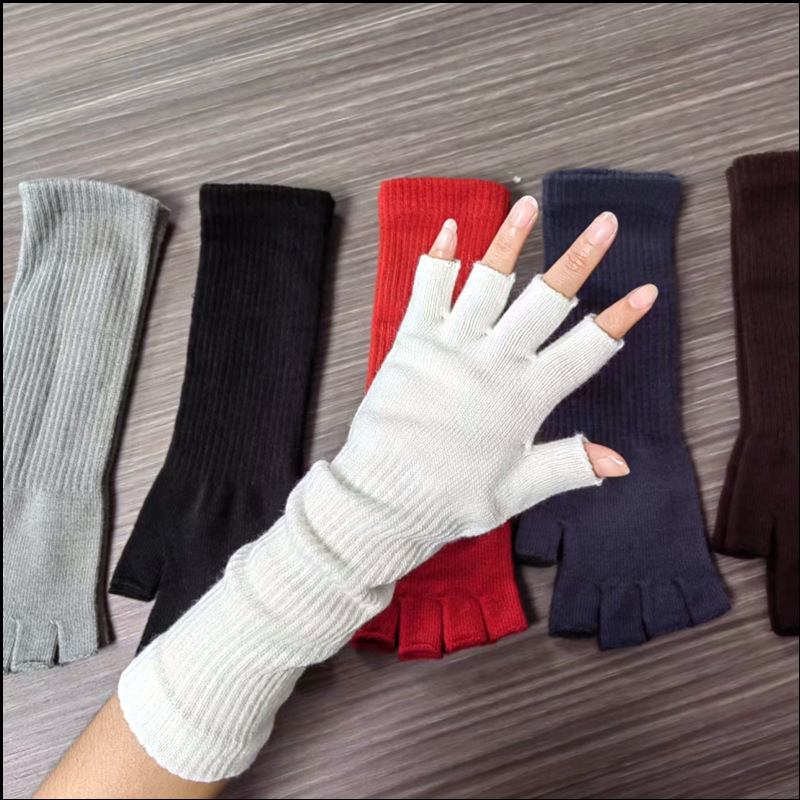 Adult Long Luo Kou Solid Color Half-Finger Gloves Writing Cold-proof Warm Finger-exposed Gloves Fashionable Loose Long Wrist Bracer