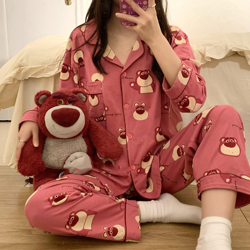 Picture of New Ins Pajamas for Women Simple Stripesd Internet Celebrity Long-Sleeved Cardigan Girl Korean Version Thin Home Wear Set Wholesale