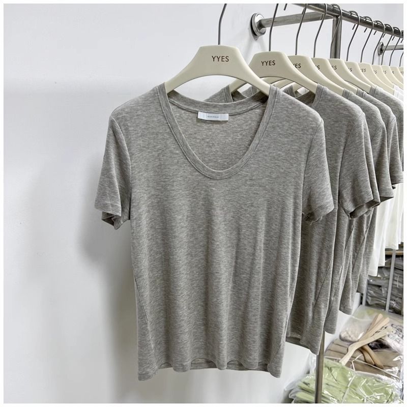 Super Handfeel Modal Crewneck Simple Shoulder Short-sleeved T-shirt Women's Summer Short-sleeved Design Slimming Trendy Top