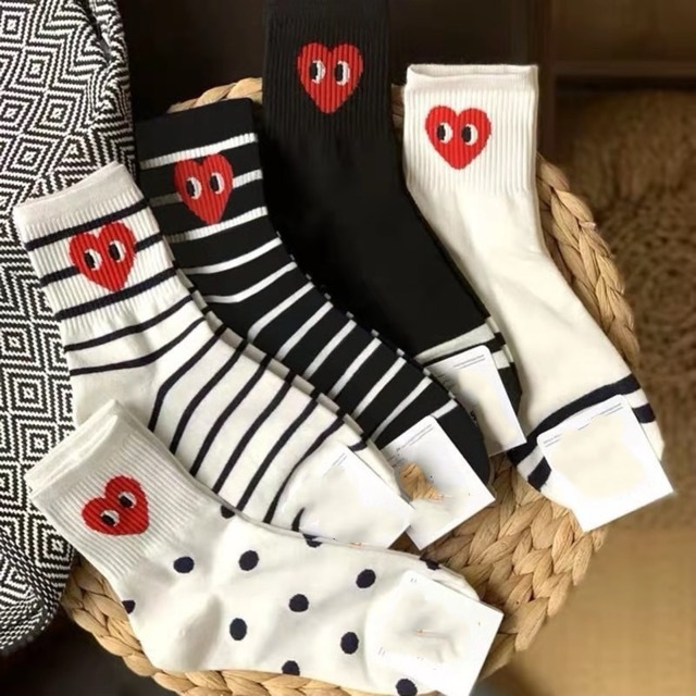 Socks Women's Korean-style Black and White Striped Wave Dot Fashionable Loving Eyes Mid-stocking Casual Sports Style Instagram Style Trendy All-match Socks