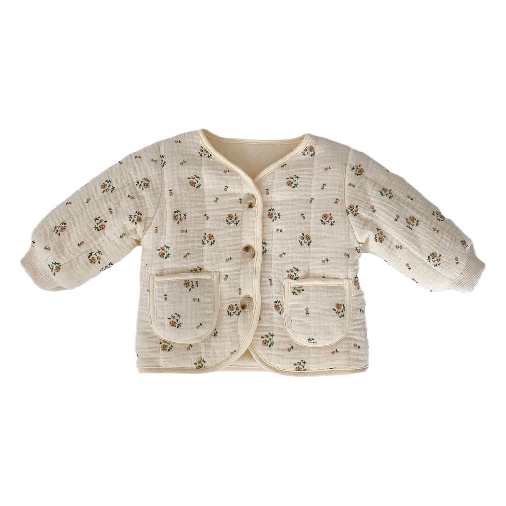 ins Korean style winter baby V-neck quilted jacket girl baby floral cardigan cotton-padded jacket thickened warm cotton-padded coat