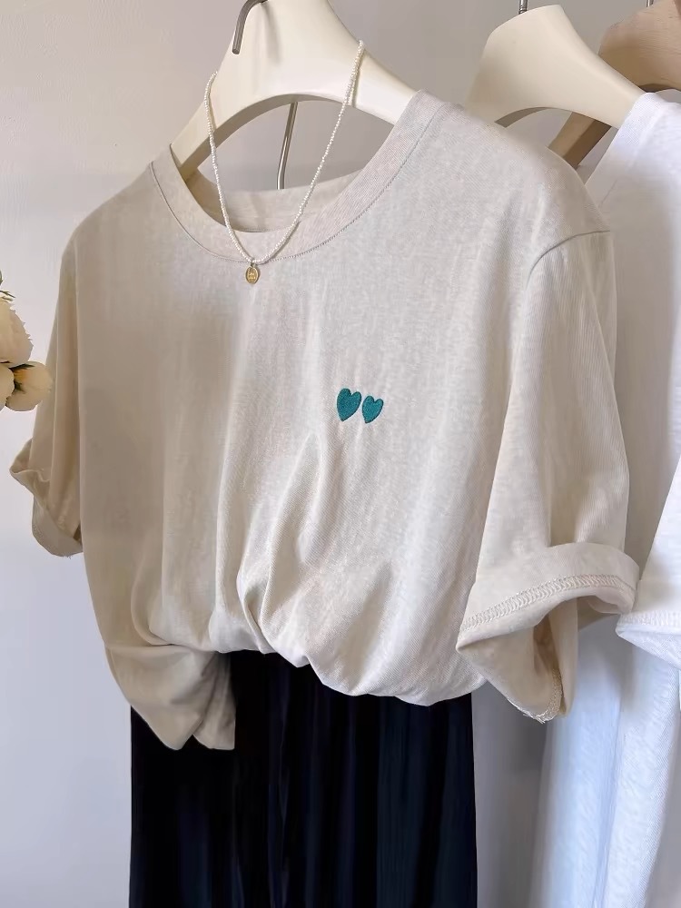 Double Love Embroidered Cotton Short-sleeved T-shirt Women's Summer Thin Korean-style Loose Laid-back Style Round Neck Half-sleeved Top