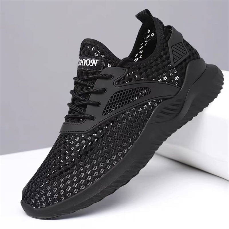 Men's Shoes Mesh Shoes Mesh Breathable Hollow Summer Non-Slip Soft Sole Sports Casual Shoes Cross-Border Foreign Trade Men's Black