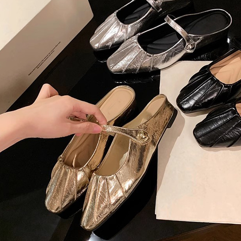 Grape Mom Summer New Style Elegant Small Square Head Pleated Half Slippers with Shallow Mouth Mary Jane Baotou Women's Summer