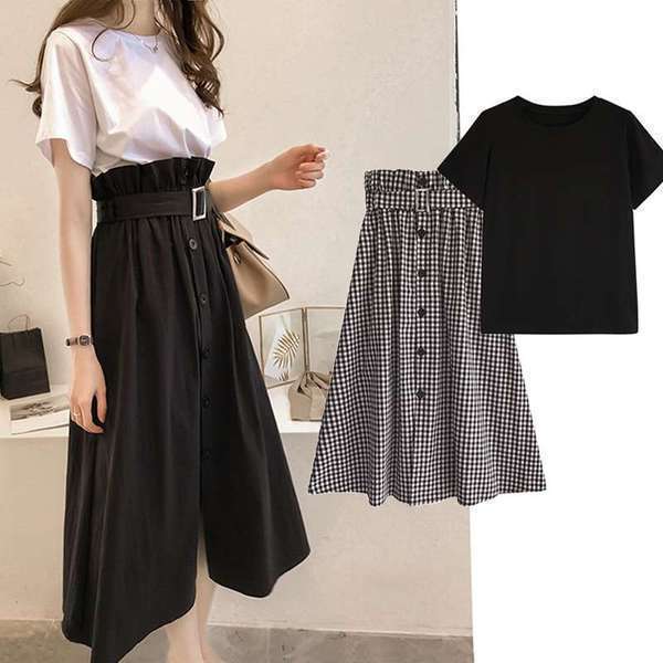 2022 Spring and Summer Plaid Dress Short-sleeved T-shirt Two-piece Women's Solid Color Fashion European Dress Set