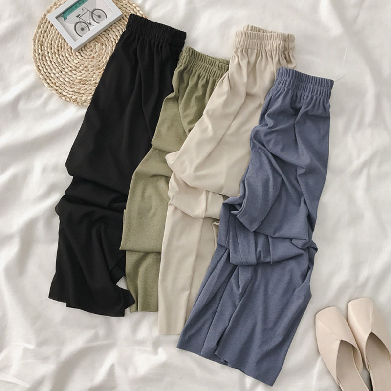 Summer New Ice Silk Wide Leg Pants Women's Pendant High Waist Loose Straight Dape Knitted Pants Casual Pants Floor Pants