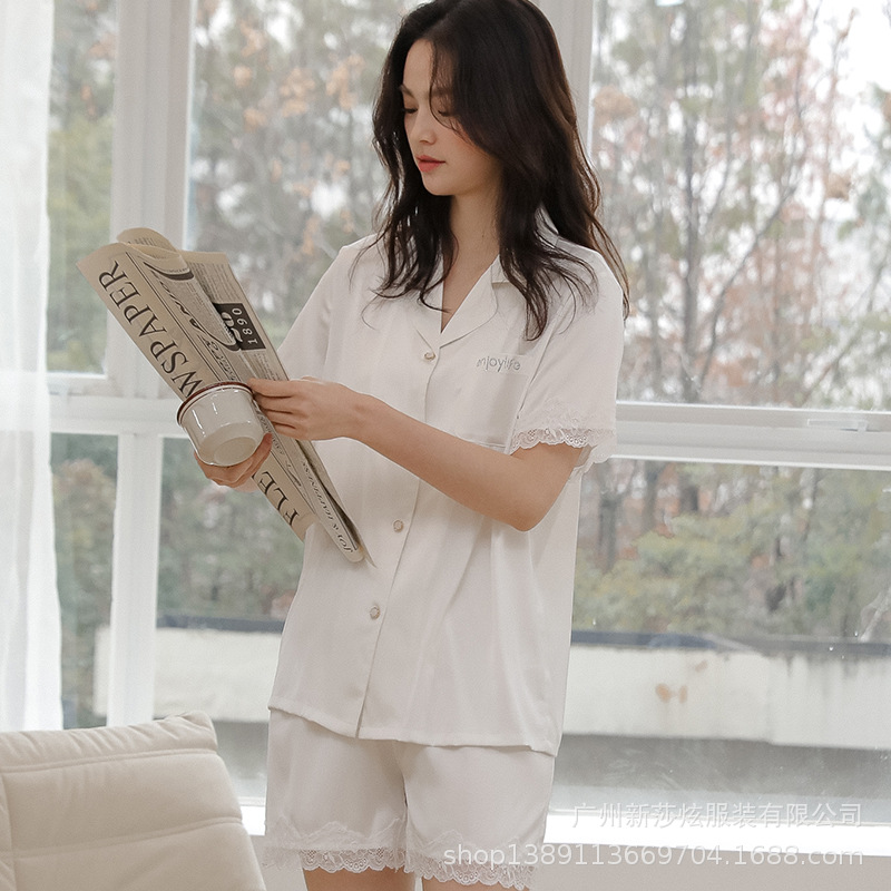 Customized Summer Pajamas for Women, Thin Ice Silk Cool Short-Sleeved Two-Piece Set, Sweet Lace High-End Home Wear Set