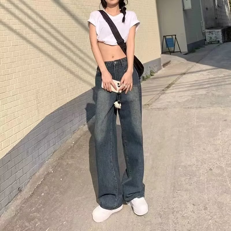 Vintage Jeans Women's Loose Straight High Waist Small 2023 New Wide Leg Mopping Autumn New Pants