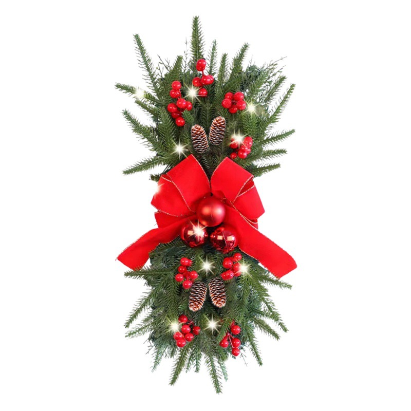 Amazon hot sale Christmas wreath wholesale 2022 new stair wreath red bow wreath pine cone decoration