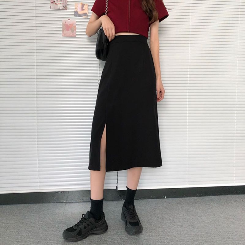 Slit Skirt, Split One-Step Suit Skirt, Summer Fat mm Black Hip-Hugging Skirt, Mid-Length High-Waisted A-Line Skirt for Women