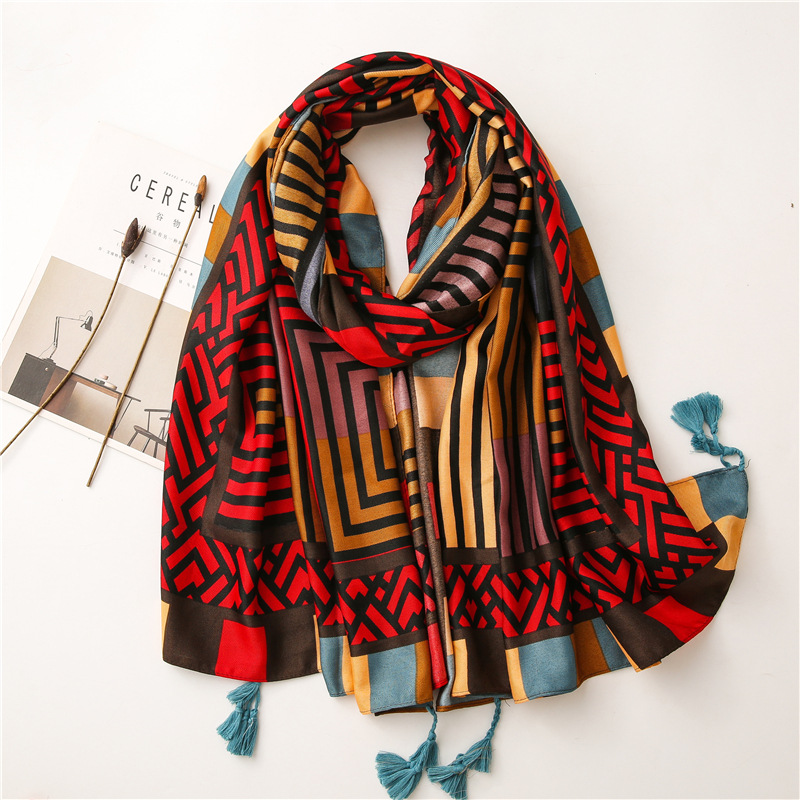 Knock on cute foreign style ~ dizzy star geometric cartoon cotton and linen scarf women's spring and summer new color tassel shawl