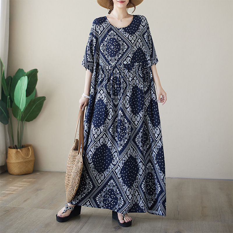 Round Neck Pullover A- line Skirt Retro Loose plus size Women's dress Extra Large Size A- line Dress Foreign Trade dress
