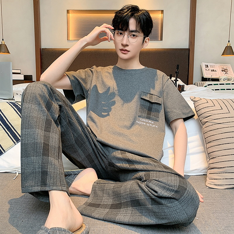 Cartoon Cotton Pajamas Men's Summer Round Neck Short-sleeved Trousers Thin Casual Outwear suit for Boys