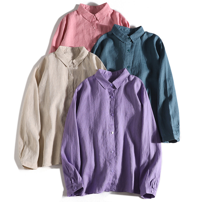 2024 Small Square Collar Cotton Linen Long-sleeved Shirt Autumn New Japanese Artistic Loose Basic Shirt Women's Top