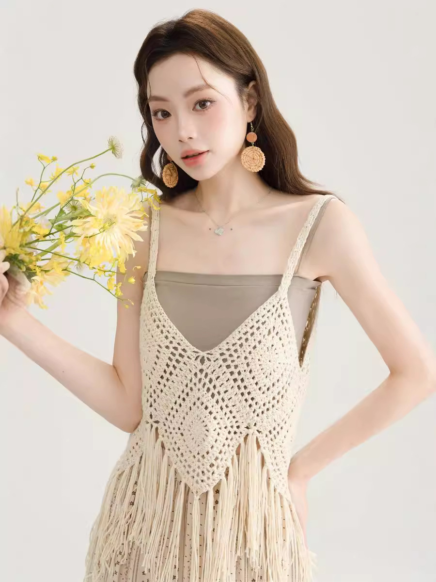 Picture of 2024 Fringed Camisole Women's Summer Thin Hollow Crochet Overwear Sleeveless Top Knitted Blouse