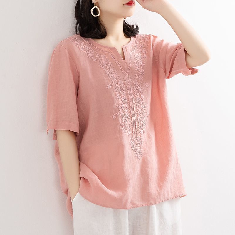 Picture of Pure Cotton V-Neck Summer New Cotton and Linen Shirt Women's Literary Loose Pullover Embroidered Short-Sleeved T-Shirt Women's Embroidered Top Trendy